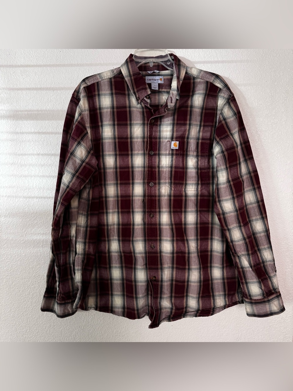 Carhartt Relaxed Fit Burgundy Cream Plaid Check Shirt Long Sleeve Outdoor L